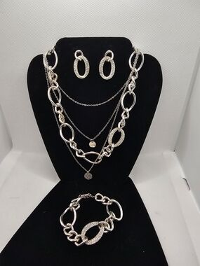 Vintage Avon Sterling Silver-Tone Multi-Layer Necklace, Bracelet & Earring Set